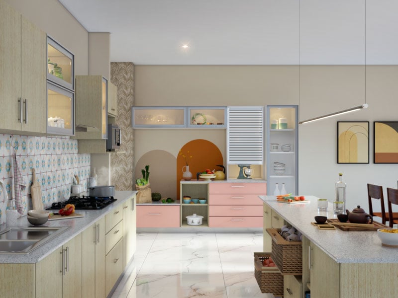 Rustic Beige Straight Modular Kitchen with Island